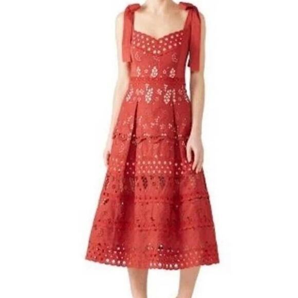 THREE FLOOR Damsel Sweetheart Burnt Orange Overlay Tie Shoulder Eyelet Dress 6 - Picture 3 of 13